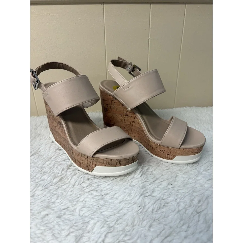 Nude Faux Leather Cork Wedge Platform Sandals Buckle Ankle Strap Beige 8M